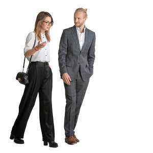 businessman and woman walking and talking