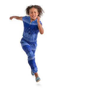 african girl in a blue jumpsuit running