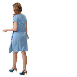 woman in a blue party dress walking