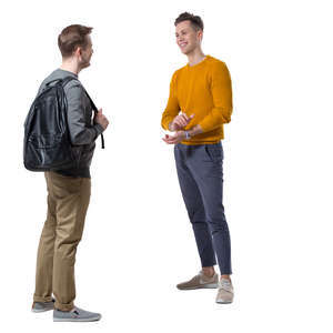 two young men standing and talking