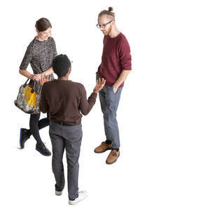 three young people talking seen from above