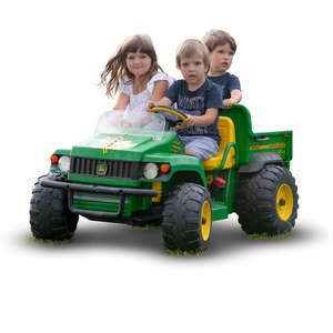 three children riding a toy car