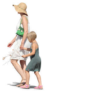mother and daughter walking hand in hand in summer