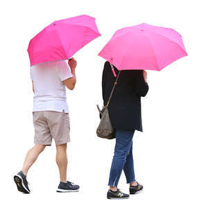 two people with pink umbrellas walking