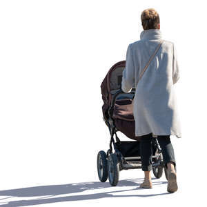 sidelit woman with a baby carriage walking