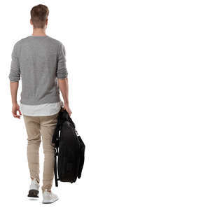 man walking and carrying a black backpack