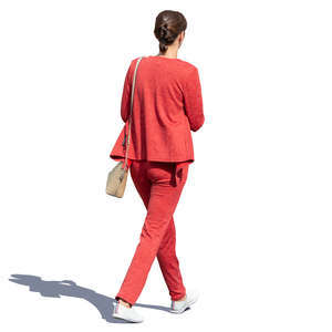 woman in a red outfit walking