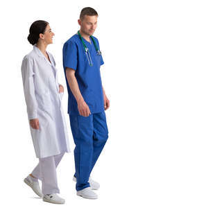 two medical workers walking and talking