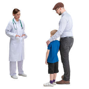 father and son talking to a doctor