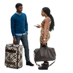 man and woman with travel bags standing and talking