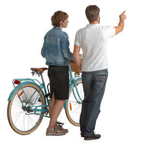 man and woman standing with a bicycle and looking at smth