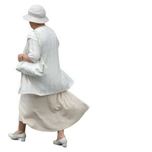 older woman in a white summer costume walking