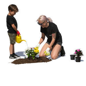 mother and son planting flowers