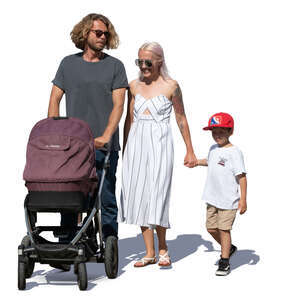 family with baby carriage walking hand in hand