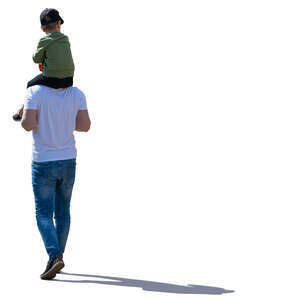 backlit man carrying his son on his shoulders