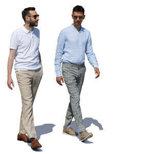 two men walking and talking on a summer day