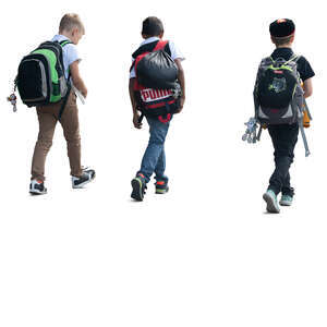 group of three boys with backpacks walking