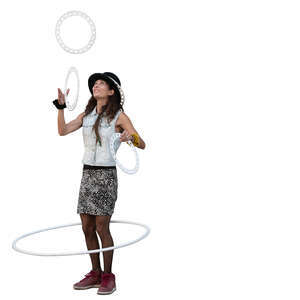 female street artist with a hoop and joggling 