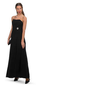 woman in a black evening gown standing