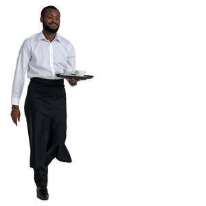 black waiter with long black apron walking