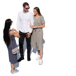 bird-eye view of a group of three people standing and talking