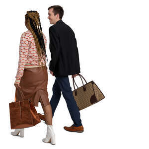 man and woman walking while talking happily