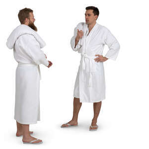 two men in spa bathrobes standing and talking