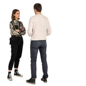 young man and woman standing and talking