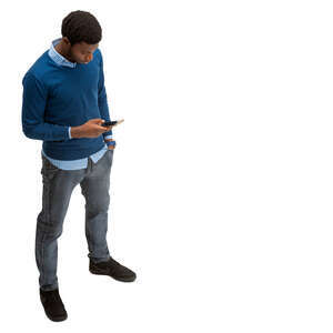 black man standing and texting seen from above