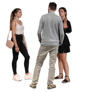 three people standing in group and talking