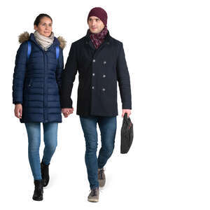 couple in winter coats walking hand in hand