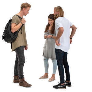 group of three young adults standing and talking