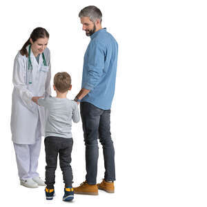 female doctor talking to a man with a child