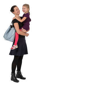 woman standing and holding a happy daughter in her lap