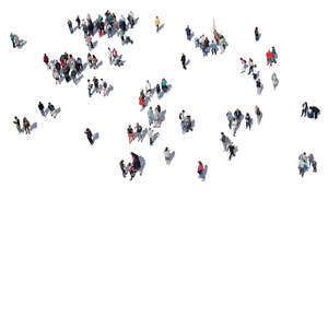 large group of people standing and walking seen from above