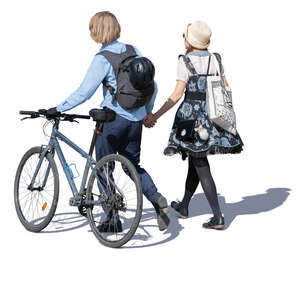 young man with bicycle walking hand in hand with a woman