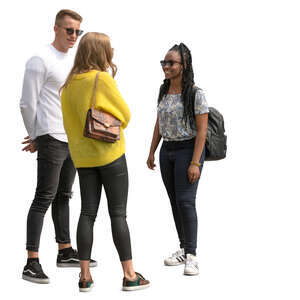 group of three young people standing and talking