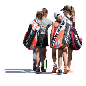 four girls with tennis bags coming from practice