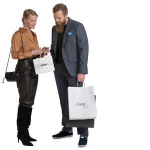 man and woman with shopping bags standing and discussing smth