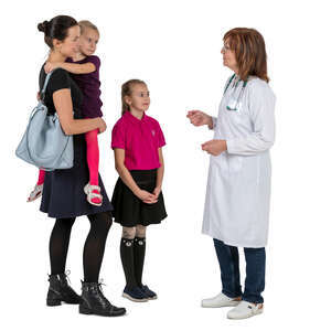 woman with two kids talking to a doctor