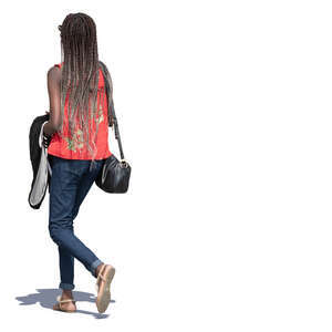 young black woman with long braided hair walking