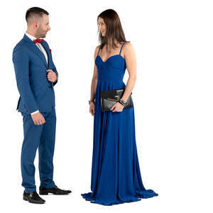 man and woman standing and talking on a formal event