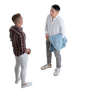 two young men standing and talking seen from above