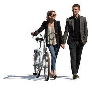 woman with a bike walking hand in hand with herboyfriend