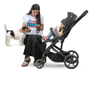 woman with a little child in a stroller sitting