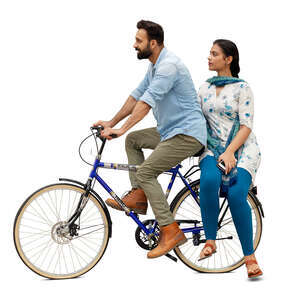 cut out indian man riding a bike with a woman sitting on the rack