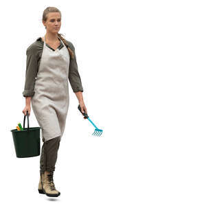 cut out woman with garden gear and apron walking