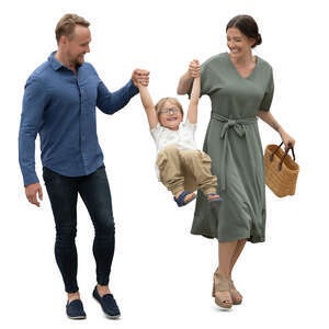 cut out man and woman walking and swinging their son by the arms