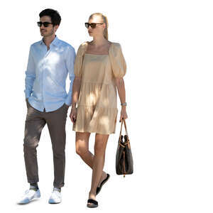 cut out man and woman walking in tree shade