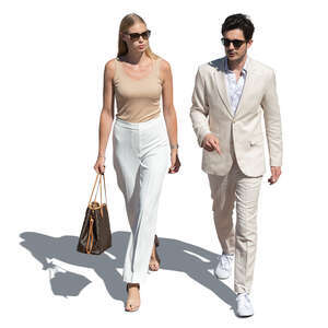 cut out man and woman in light coloured summer outfits walking seen from above